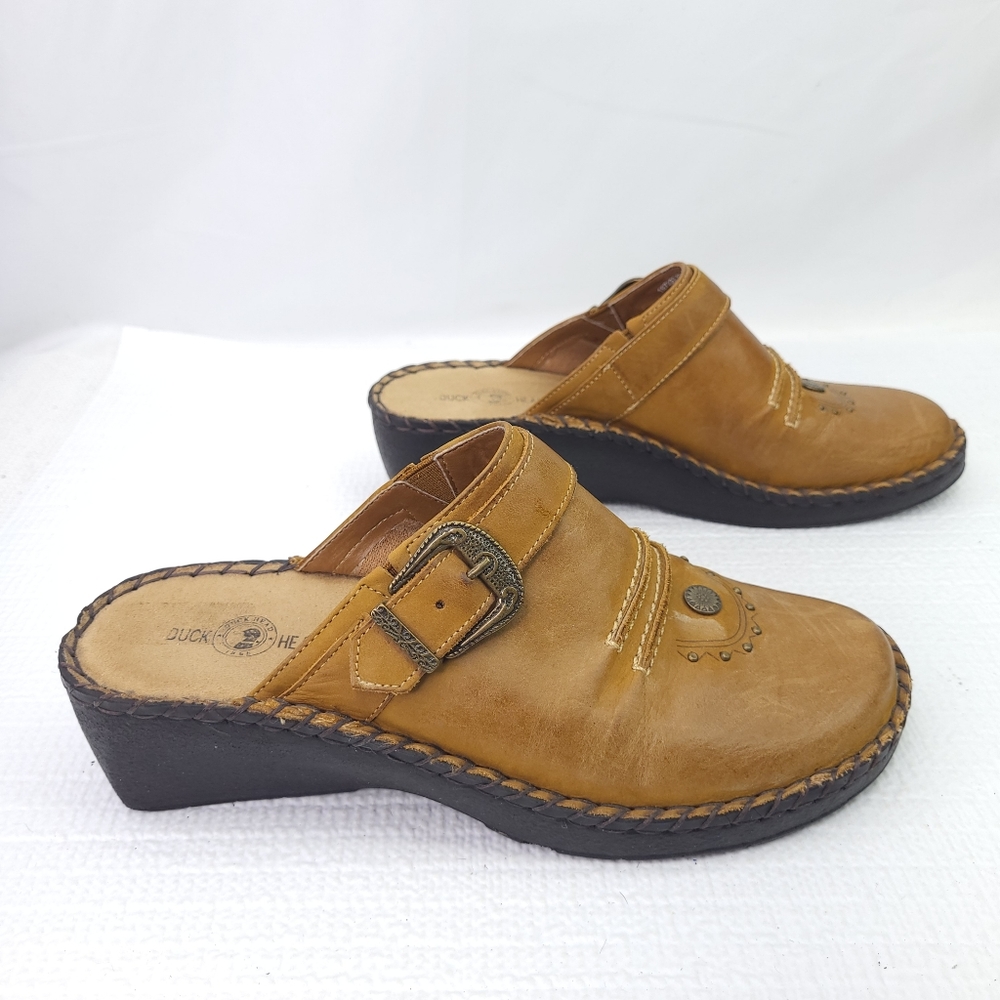 Duck Head Mules Brown Leather Slip On Wedge Heel Clog Shoes Size 8.5